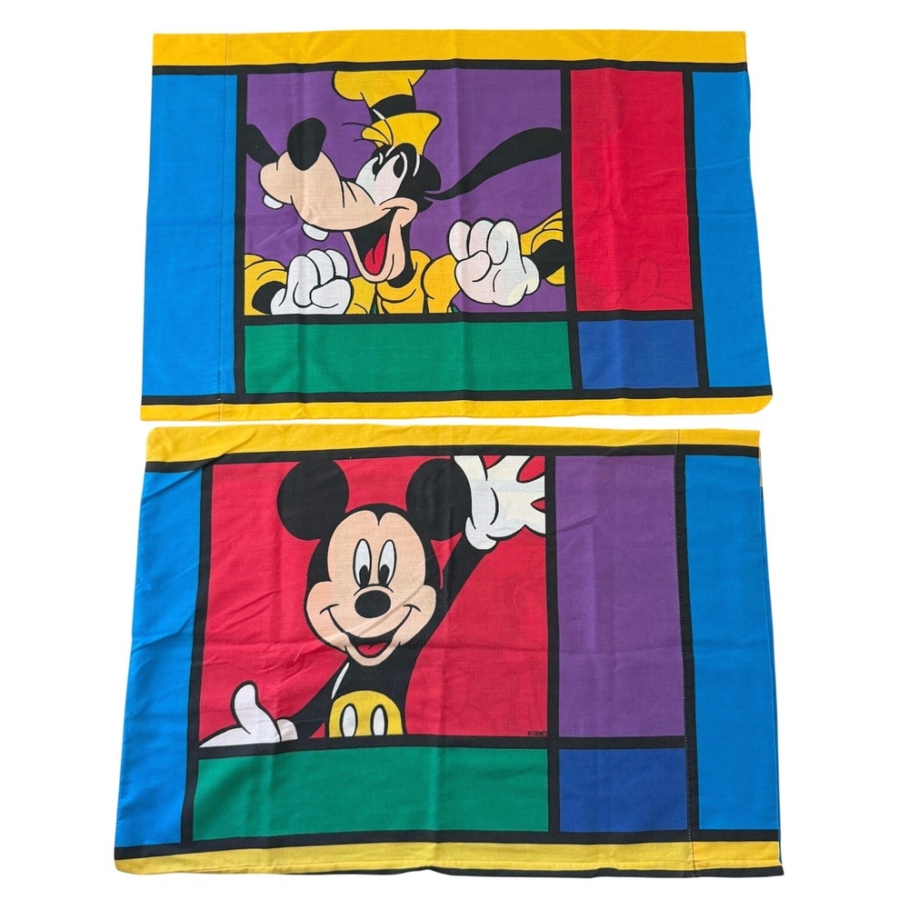 Vintage Disney Mickey Mouse Goofy Pillowcase Set 90s Colorblock Pop Art USA Made
